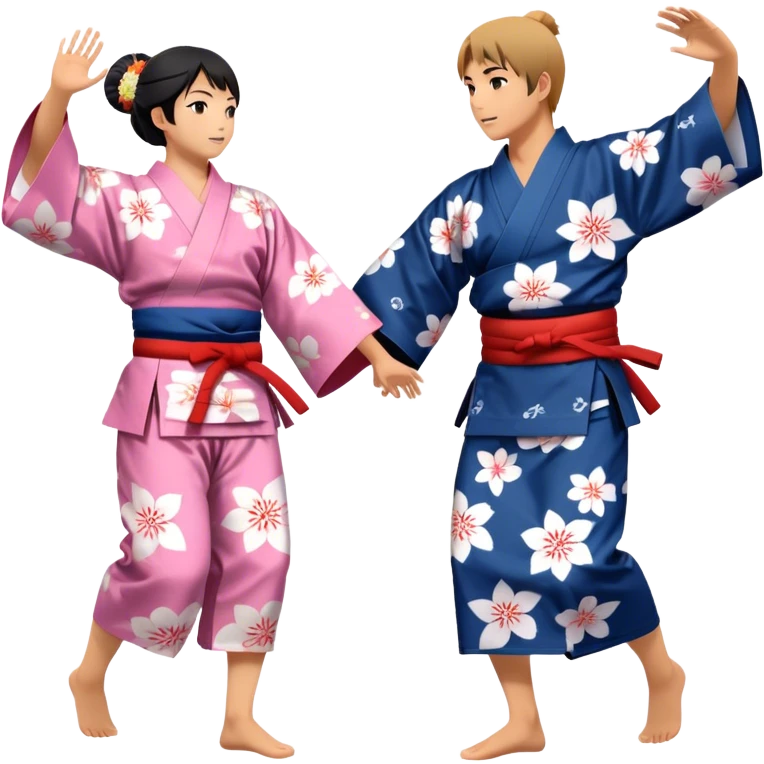 Cinematic Realistic scene of two performers engaging in Bon Odori, dressed in traditional yukata with intricate summer patterns, captured in graceful, rhythmic motion with warm, festive lighting emoji