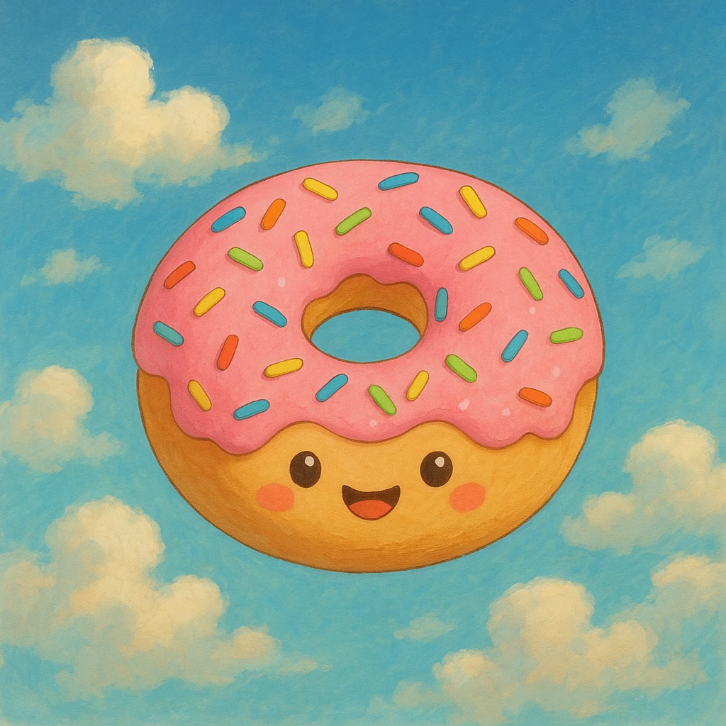 ghibli style kawaii donut with rainbow sprinkles and happy face, floating in a dreamy cloud background emoji
