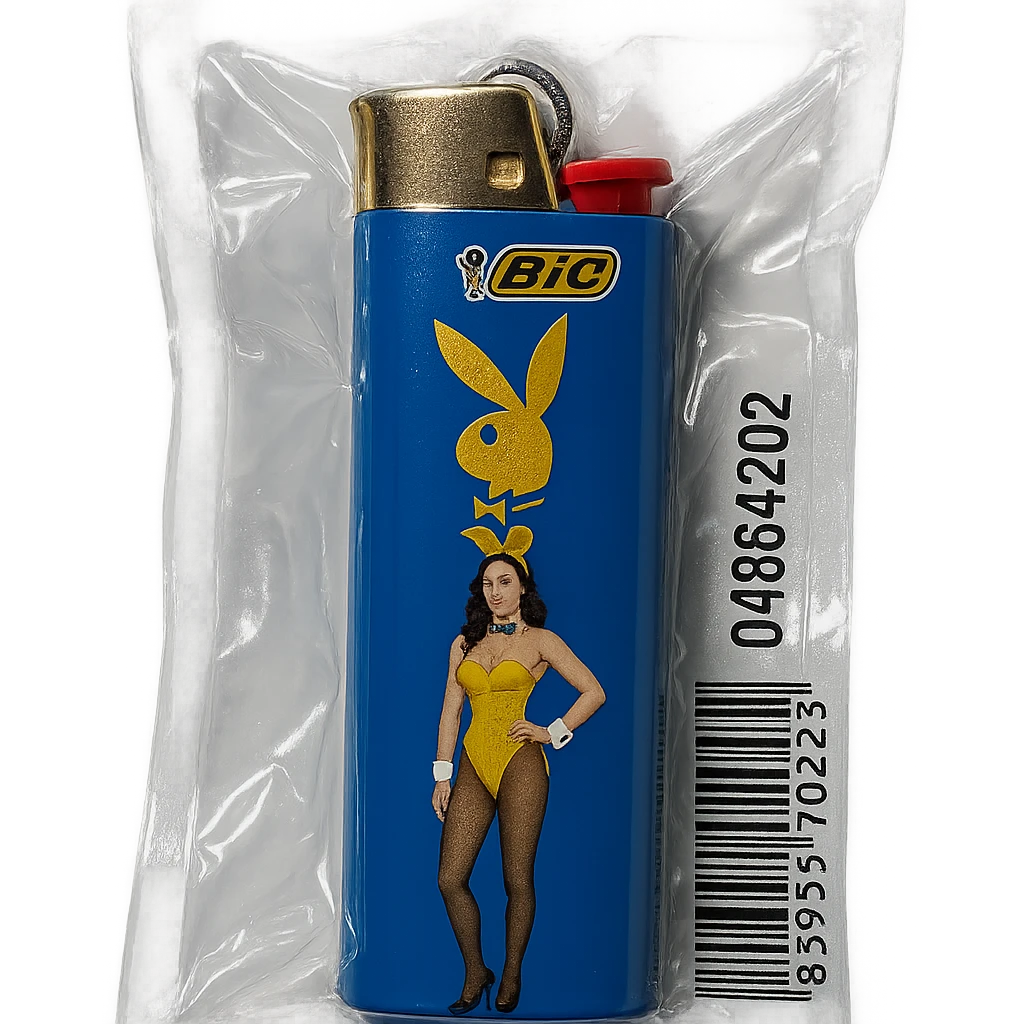 blue BIC lighter, glossy, with a gold Playboy Bunny logo and a model in a yellow bunny suit emoji
