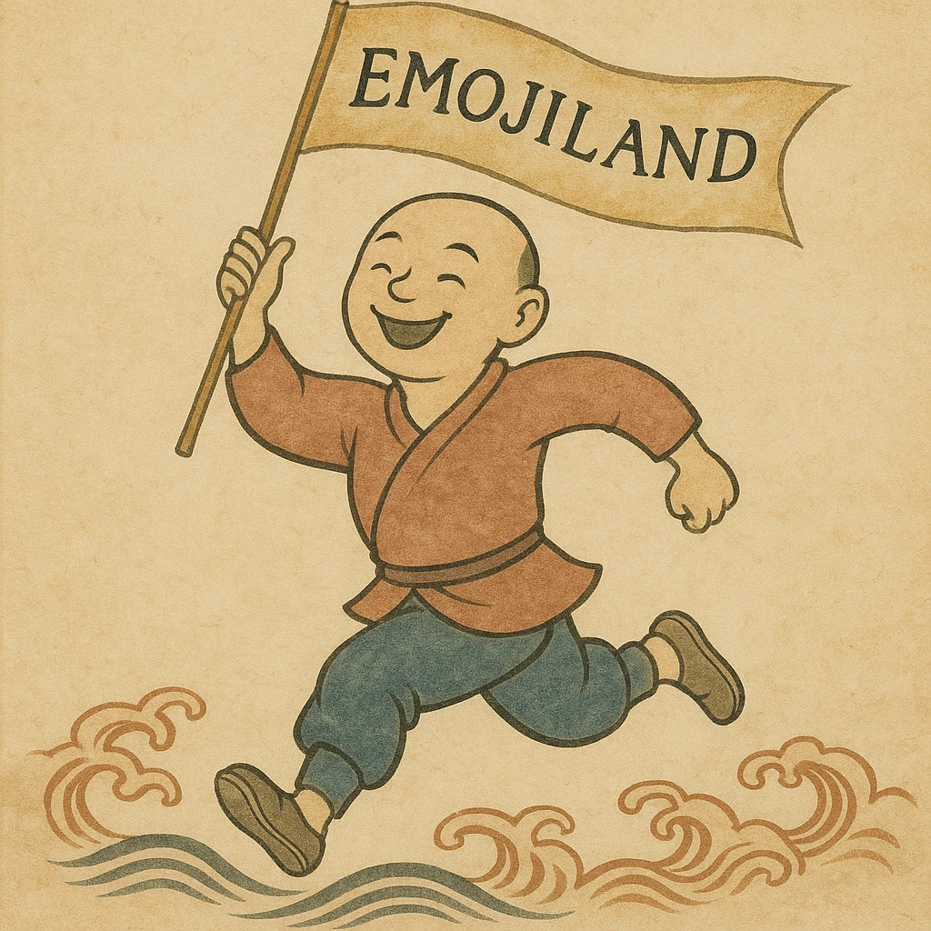 happy runner waving a flag that says 'emojiland' emoji