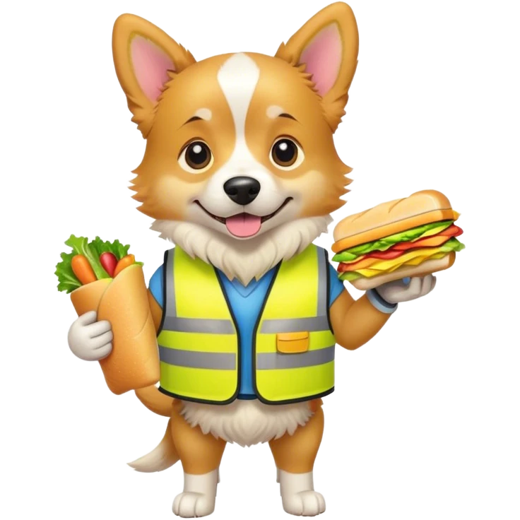 dog wearing a construction vest and holding a big juicy sandwich emoji