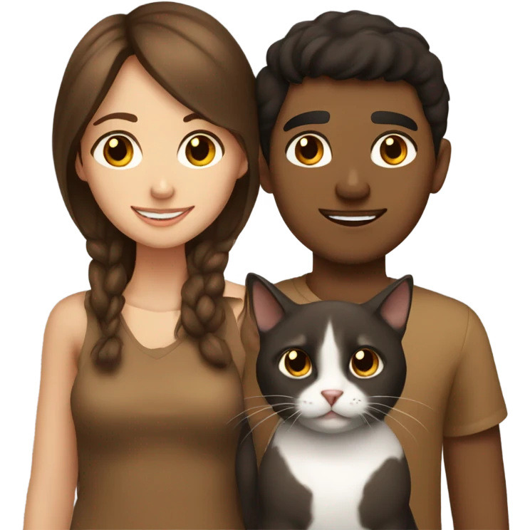 Brunette girl and brown boy with their cat emoji