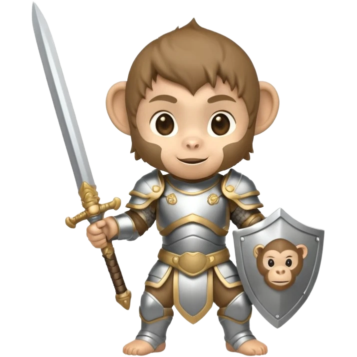 baby chibi monkey in silver armor, full body, smile, hold sword emoji