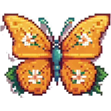 Blue smiling butterfly in springtime with pixel flowers and sunshine emoji