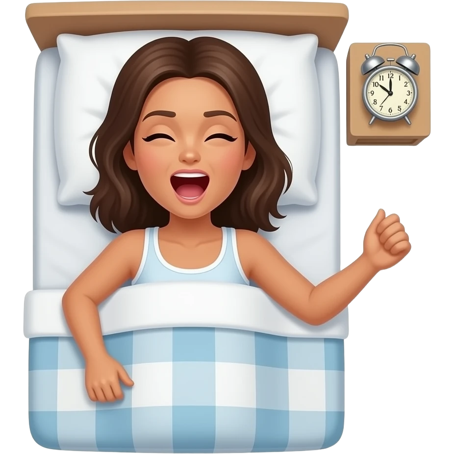 top view of a tanned shirtless woman waking up in bed yawning with an alarm clock ringing at the bedside emoji
