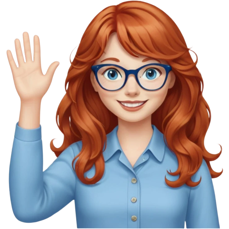 redheaded woman with very long wavy hair and bangs, blue eyes, clear cat-eye glasses, casual chic outfit, smiling, waving emoji