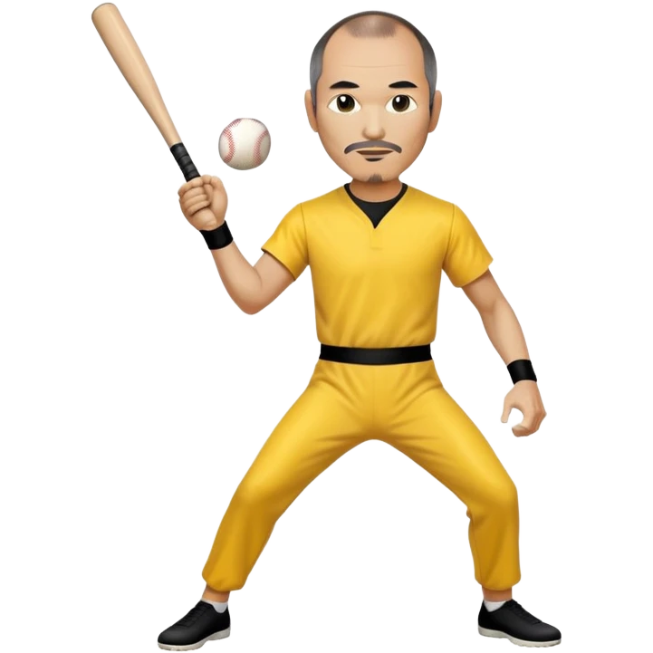 Steve Jobs wearing Bruce Lee's yellow jumpsuit, holding a baseball bat and ball emoji