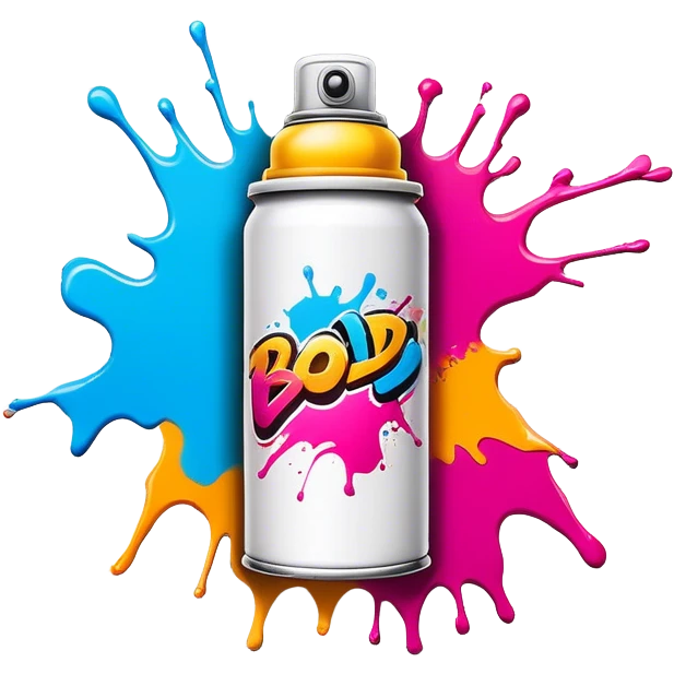 Graffiti icon, spray paint can, brick wall with graffiti artwork and bold text, colorful spray paint splashes, urban style, vibrant colors, minimalistic design, clean lines, transparent background. emoji