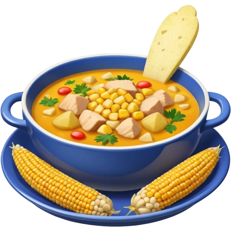 emoji of ajiaco soup served in a deep plate with potatoes, chicken, and corn, classic emoji style, vivid colors emoji