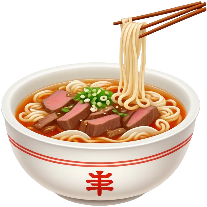 Lanzhou hand-pulled noodles with beef and clear broth, simplified emoji style with bold outlines and bright colors, cartoon style traditional Chinese lamian in bowl emoji