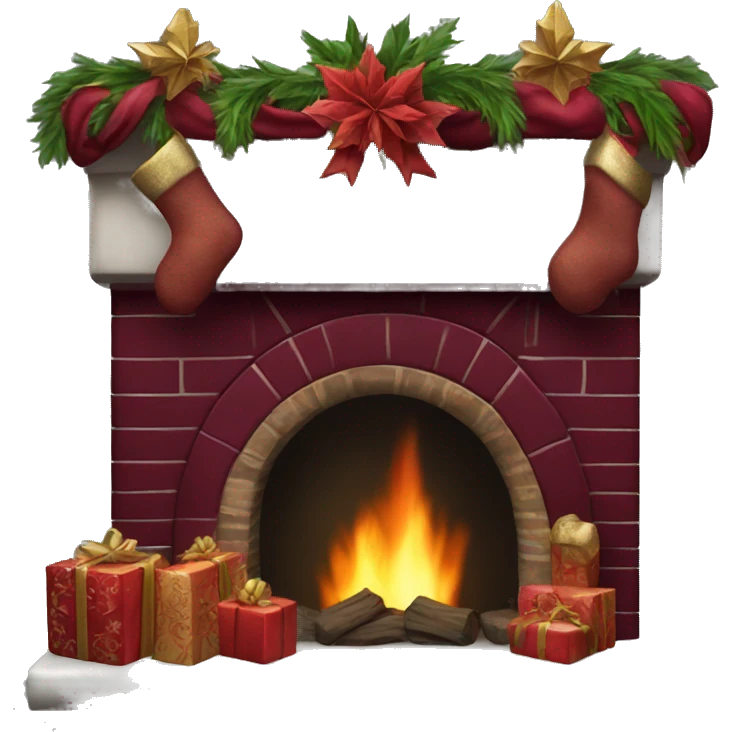 Realistic decorated burgundy Christmas fireplace emoji