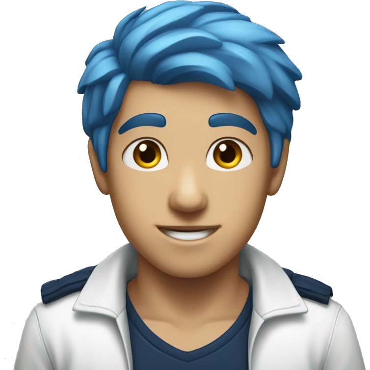 A boy with blue hair, navy blue pants, a white shirt and a restriction logo on it. emoji
