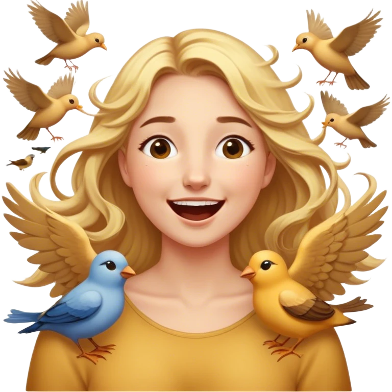 Cinematic Adorable Aurora Portrait Emoji, Giggling in surprise as birds land on her shoulders, cheeks flushed, golden locks bouncing, an irresistible mix of playfulness and beauty! emoji