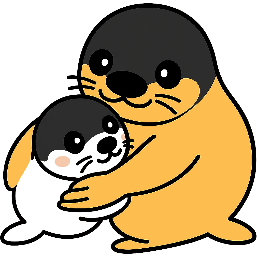 Transform the seal pup and mother in the image to resemble Yo-chan and Tusk-chan from Tokkari Centre, maintaining the nuzzling pose and preserving the transparent background. emoji