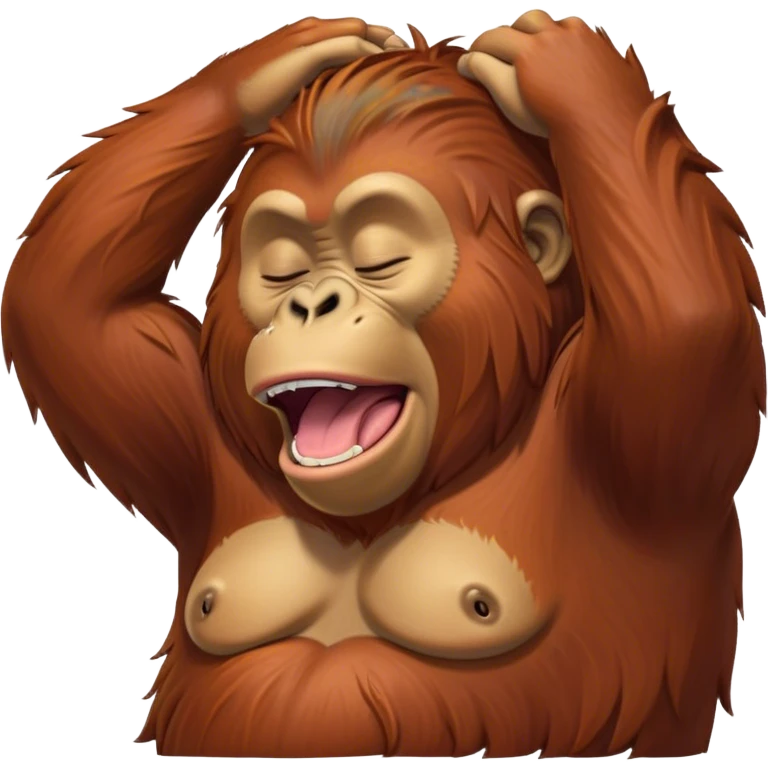 Cinematic Cute Yawning Orangutan Portrait Emoji, Head tilted slightly with a dramatic, wide-open yawn, showcasing a richly textured face with half-closed, sleepy eyes and a relaxed, open expression, Simplified yet irresistibly adorable features, highly detailed, glowing with a soft, cozy jungle glow, high shine, relaxed yet expressive, stylized with a dash of whimsical charm, soft glowing outline, capturing the essence of a drowsy yet affectionate guardian that appears ready to stretch out for a nap! emoji