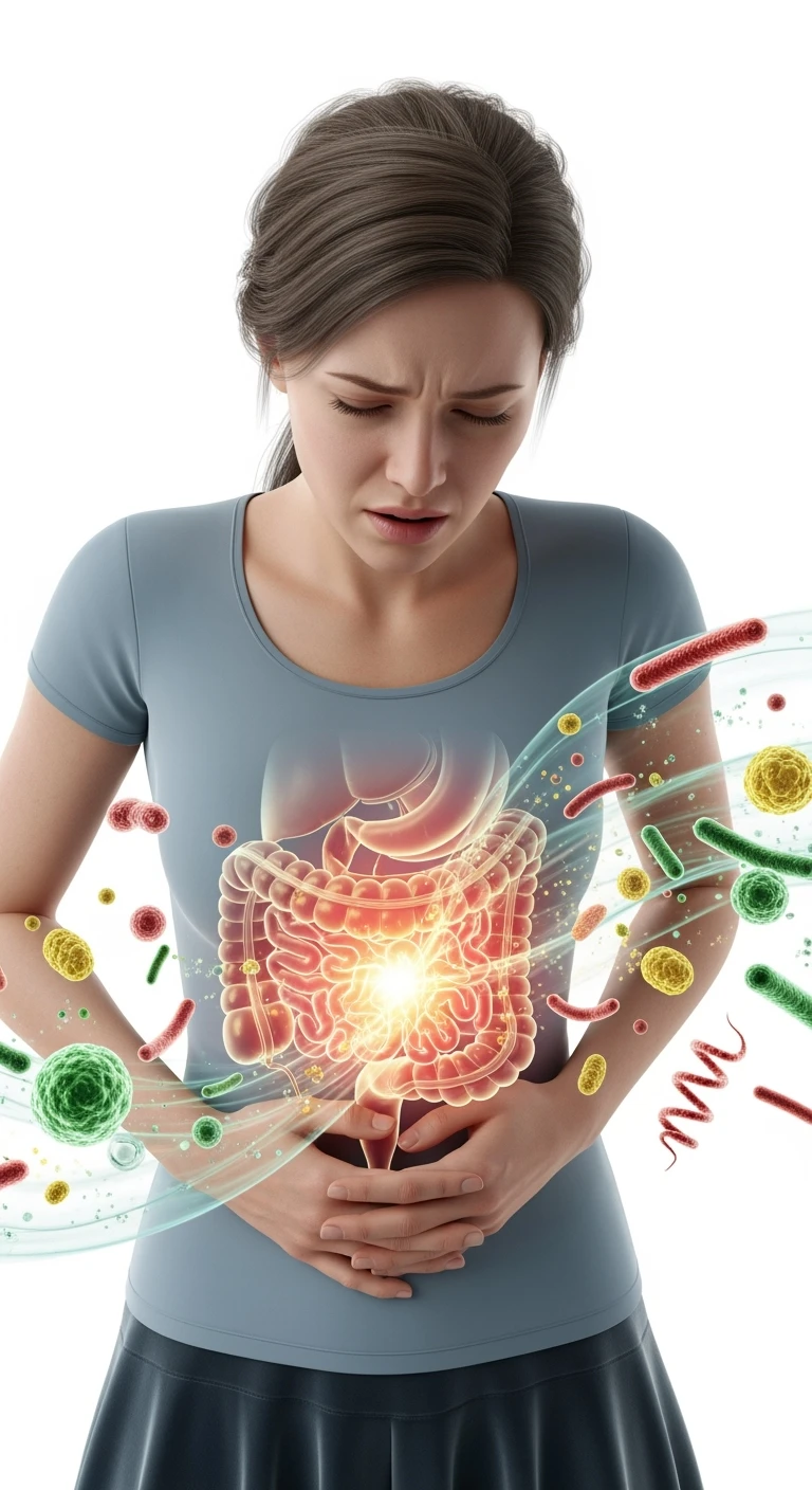 DONNA CON MAL DI PANCIA E INTESTINO UMANO ANATOMICO VISIBILE, BATTERI INTESTINALI FLUTTUANO INTORNO, IPERREALISTICO 4K, SFONDO BIANCO emoji