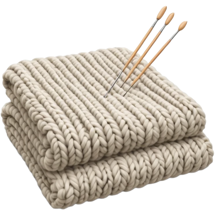 Highly detailed, ultra realistic half finished, Chunky wool, beautiful soft wool blanket, with a pair of realistic knitting needles, still life emoji