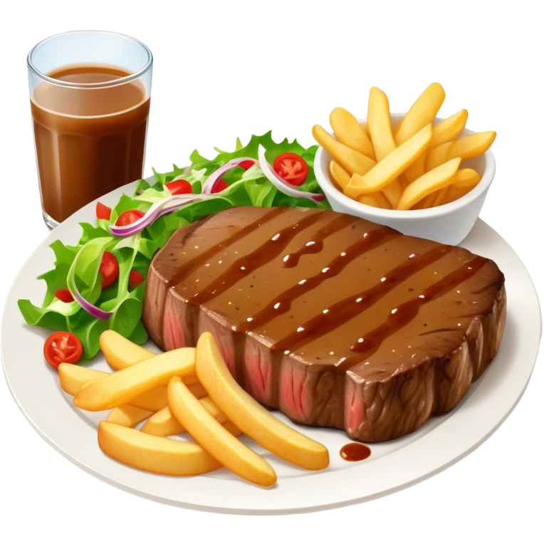 big juicy australian steak meal featuring chips, small salad in a ramiken and gravy  emoji
