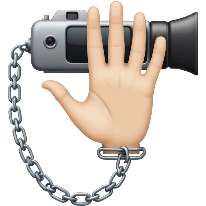 Minimalist emoji-style sticker of a human hand bound by a chain leading to a video camera. Icon-like, clean silhouette, muted tones. emoji