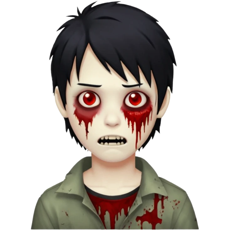 Boy, zombie, black hair, medium long, emo, shaggy, dark, spooky, creepy expression emoji And red eyes and blood on teeth emoji