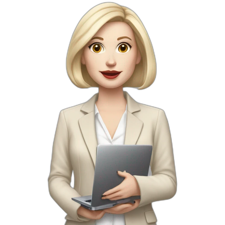pale skin woman with ash blonde Straightened bob Hair, White Spacious classical jacket, beige palazzo Arrow pants and gray blouse holding a MacBook in the hands emoji