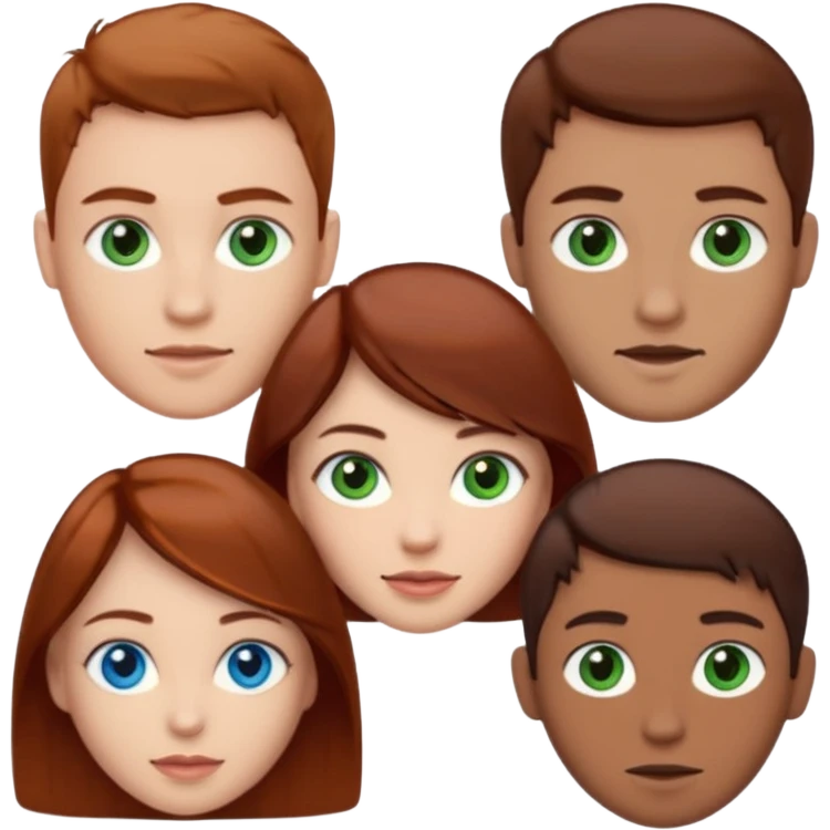 One woman with blue eyes, brown hair, light skin standing next to another woman with darker red brown hair, lighter skin, and green eyes, standing next to a man with no facial hair, blue eyes, and short brown hair emoji
