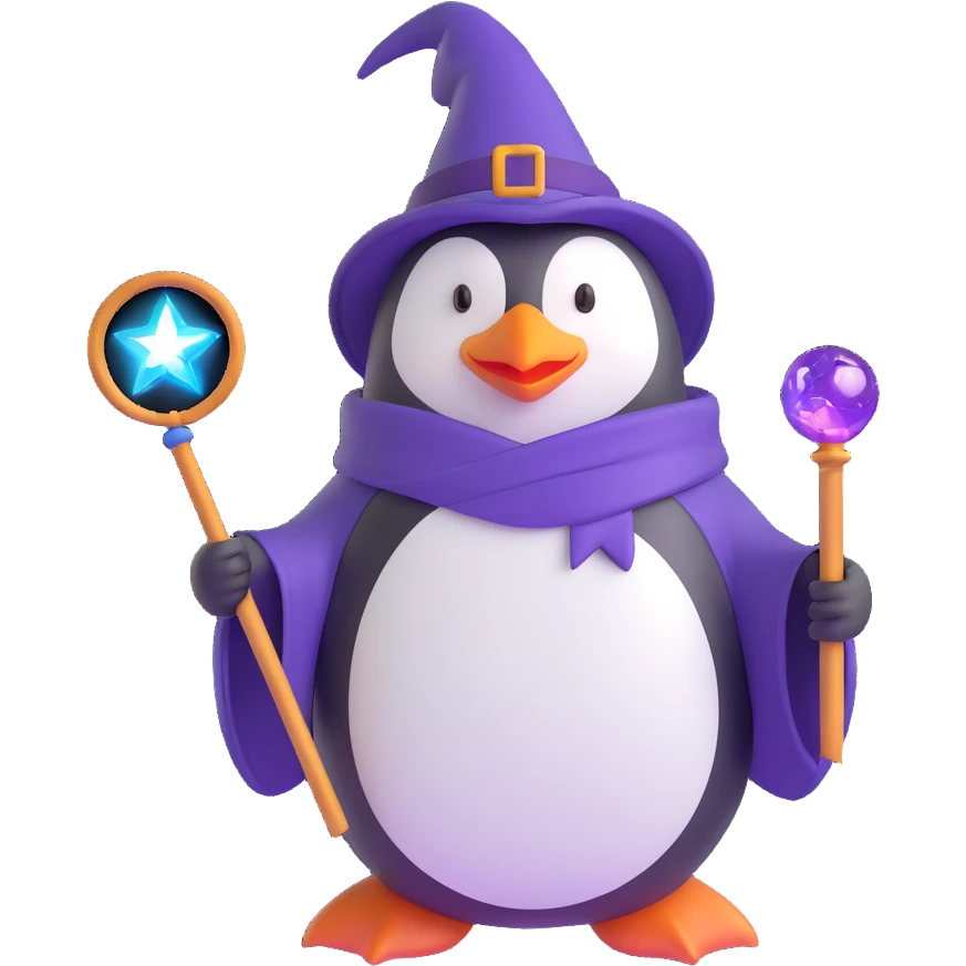 ios 3D style emoji of a penguin wizard with a purple hat and wand, standing on a magic circle emoji