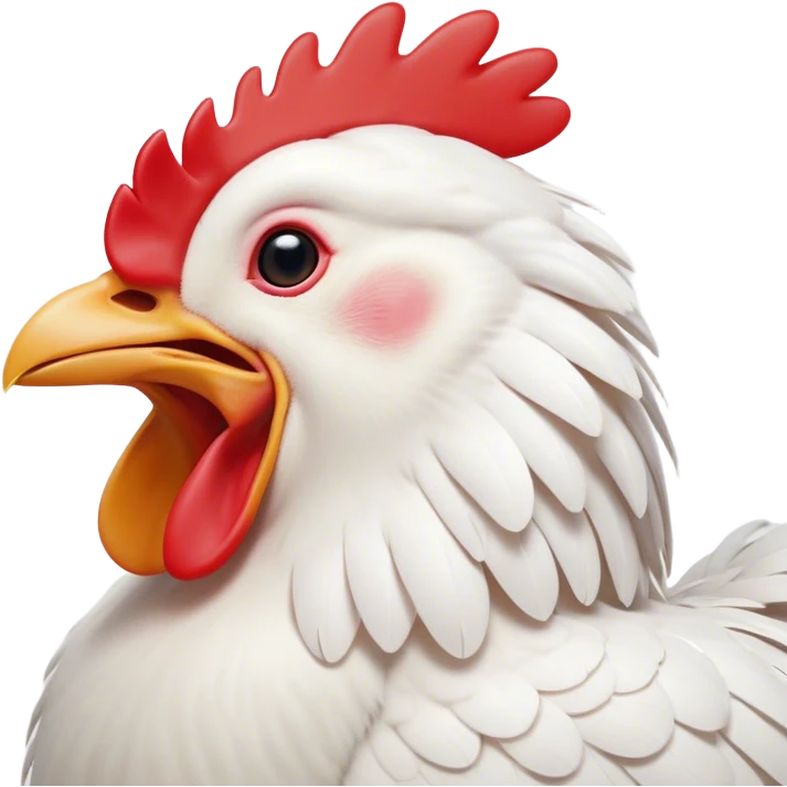 Cinematic Cute Yawning White Chicken Portrait Emoji, Head tilted slightly with a dramatic, wide-open yawn, showcasing a soft, fluffy white plumage with a crisp red comb and drooping wings, round beady eyes barely open in drowsy contentment, Simplified yet irresistibly adorable features, highly detailed, glowing with a soft, cozy glow, high shine, relaxed yet expressive, stylized with a touch of whimsy, bright and endearing, soft glowing outline, capturing the essence of a sleepy yet affectionate chicken, so drowsy it feels like it could stretch out of the screen and curl up for a nap! emoji