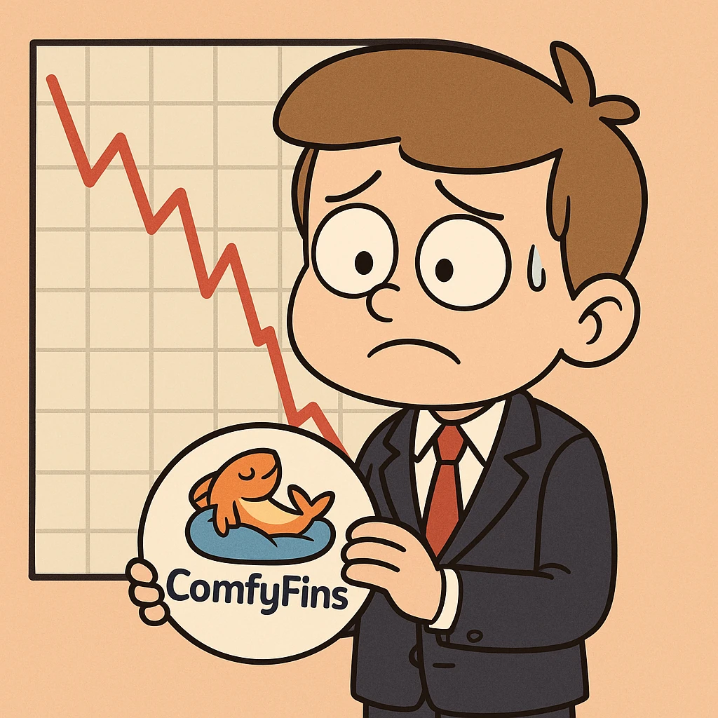 business kid in a suit, holding a ComfyFins logo, looking worried as stock chart drops, cartoon style emoji