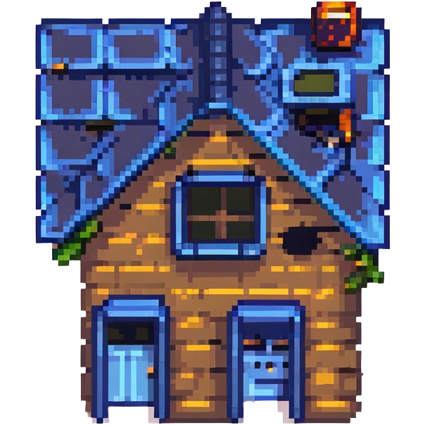 modern house with blue solar panels on the roof, pixel art style emoji