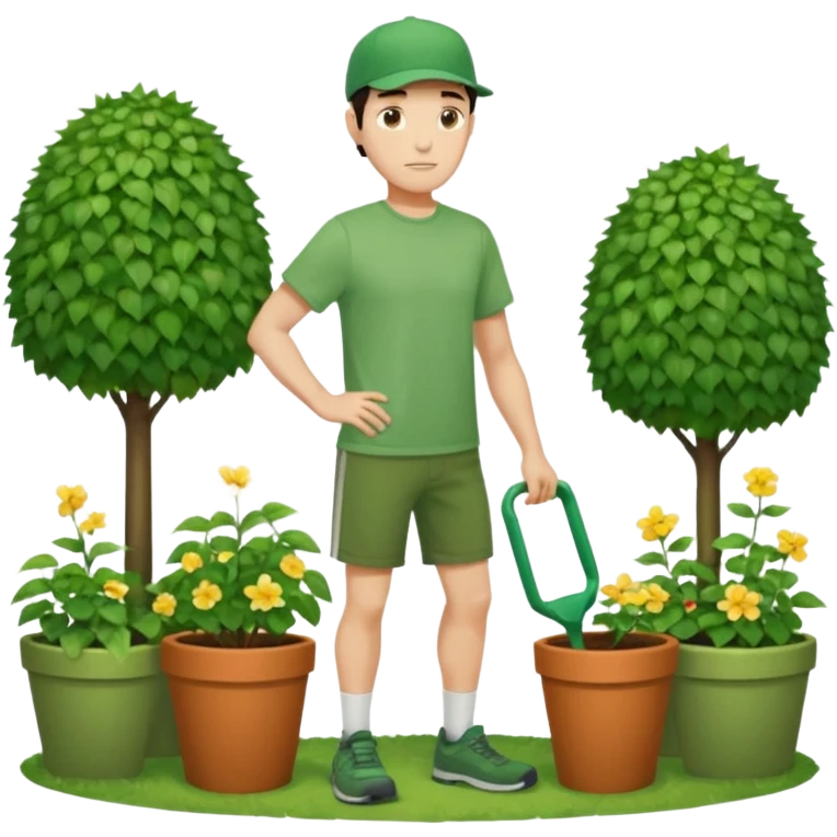 rapaz magro cabelo escuro com boné verde claro, camiseta verde e bermuda verde escuro, corpo inteiro cuidando do jardim emoji