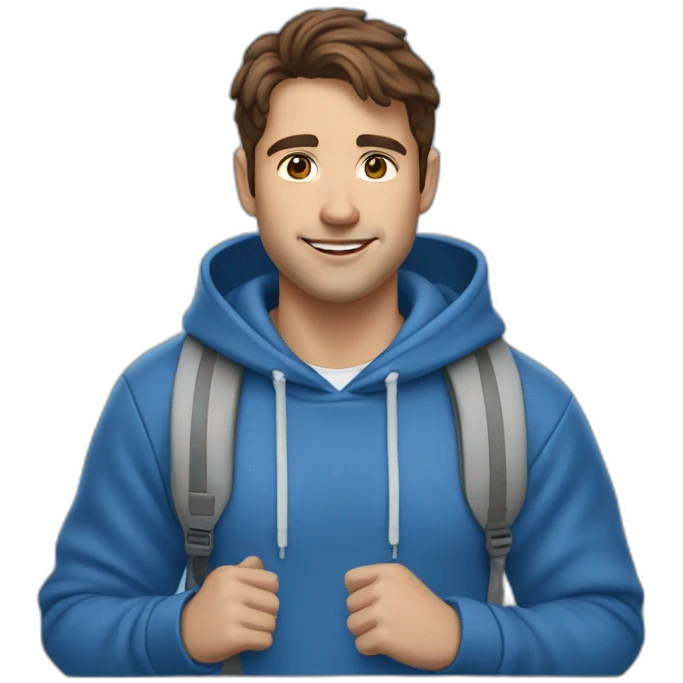 male with brown hair and brown eyes has airpods and wears a blue hoodie emoji