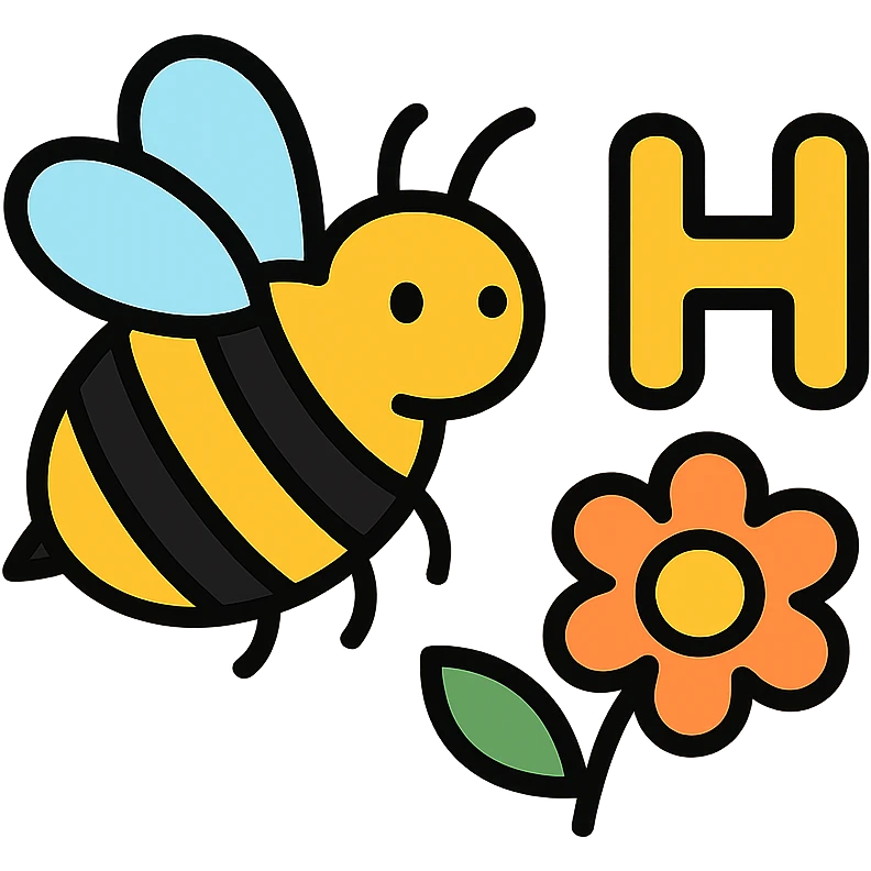 cartoonish bumblebee with the letter H and a flower emoji