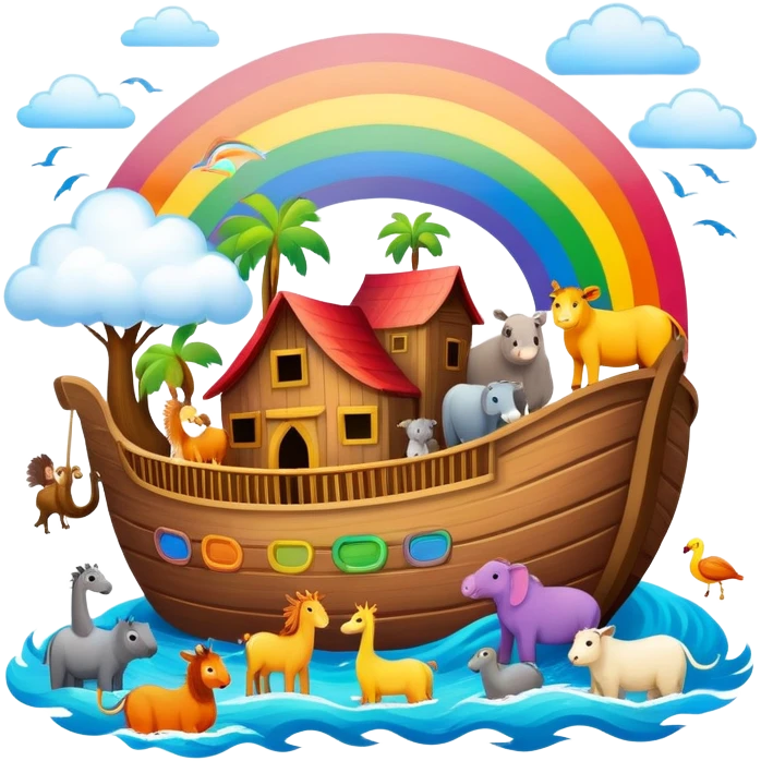 Noah's Ark with animals and rainbow emoji