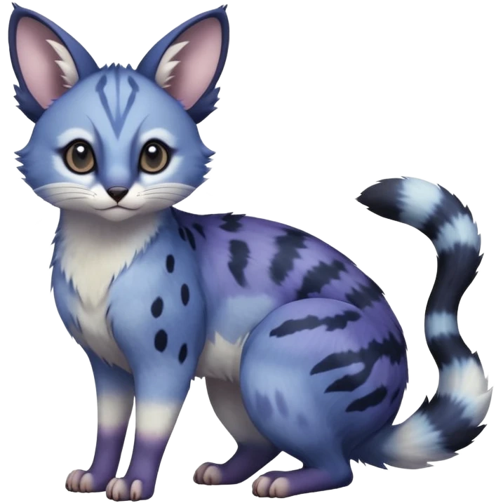  Realistic dull gloomy-dark-deep-grayish-indigo-violet-gradients fur with random markings beautiful elegant pretty precious cute  Fakémon-Pokémon-opossum-feline-serval-caracal-chinchilla-Minccino-Furret-hybrid-creature with a big fluffy bushy tail (full body) emoji