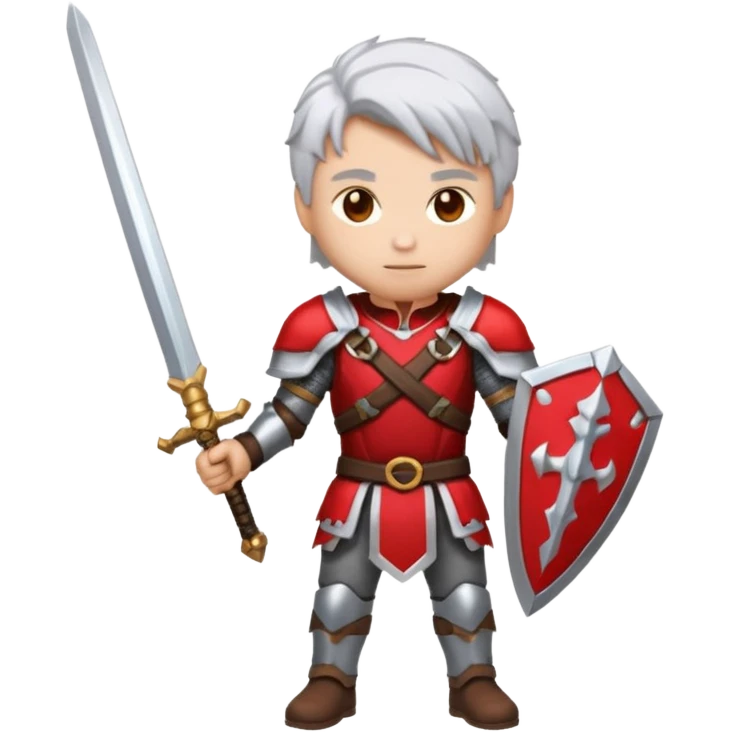 32x32 pixel art emoji, a white-haired boy holding dual swords, inspired by, heroic pose, silver-white hair, glowing red and silver swords, metallic armor details, vibrant colors, transparent background, high contrast, video game icon style. emoji