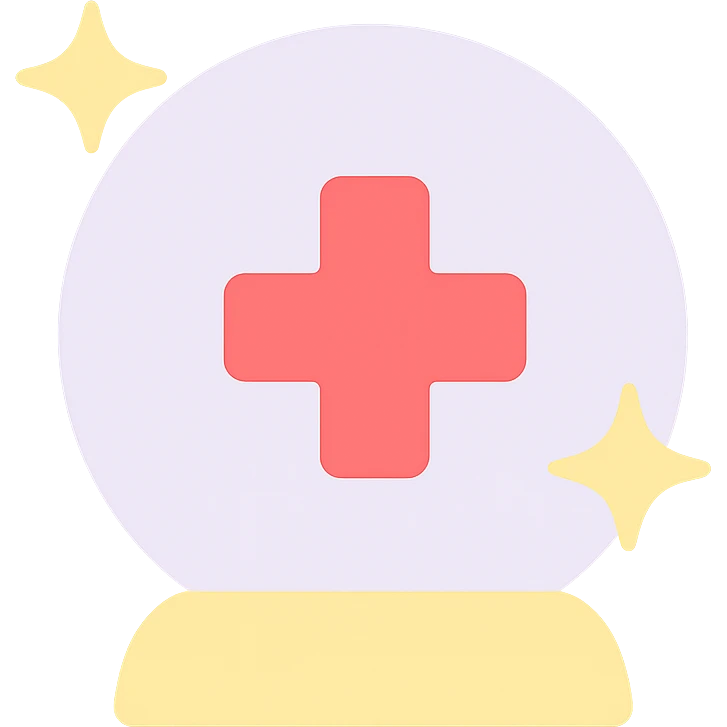 flat icon of a crystal ball with a medical cross and sparkles, symbolizing high quality and affordable healthcare, soft color palette, simple and recognizable emoji