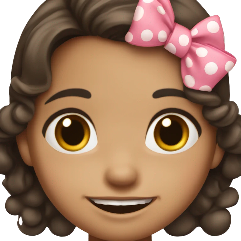 girl with medium dark brown hair and a stupid smile on her face. Wearing a polkadot pink dress and bow, dresses like a two year old. emoji
