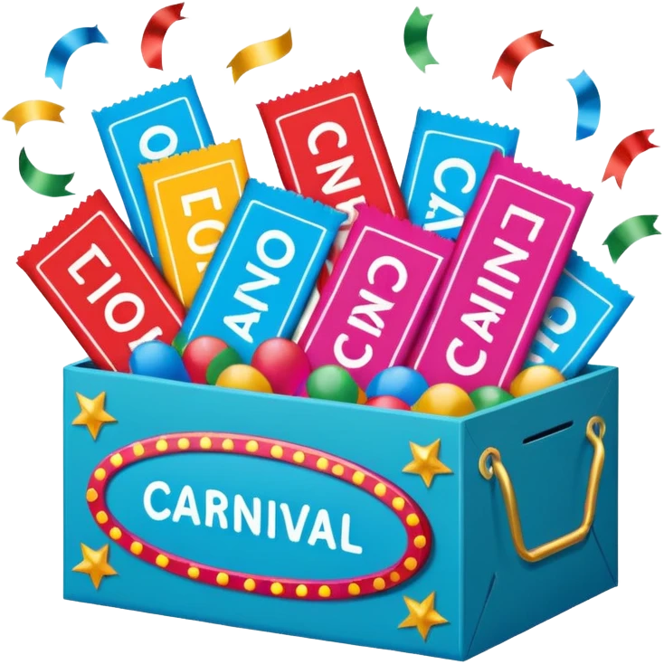 a box with the words "carnival pack" with tickets as a bundle, confetti in it etc  emoji