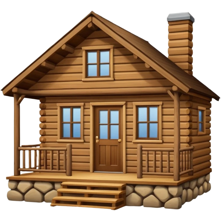 A rustic wooden cabin with horizontal log-style siding and a small front porch enclosed by crossed wooden railings. The cabin has a simple rectangular shape, a sloped roof, and warm brown wood tones throughout. emoji