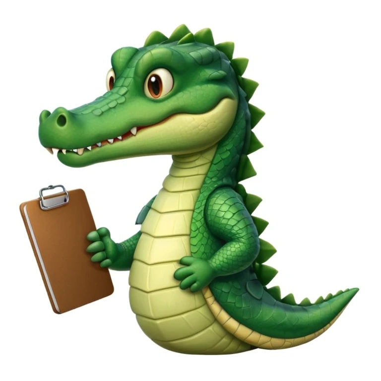 A gator with a serious face holding a clipboard and a pencil, offwhite background emoji