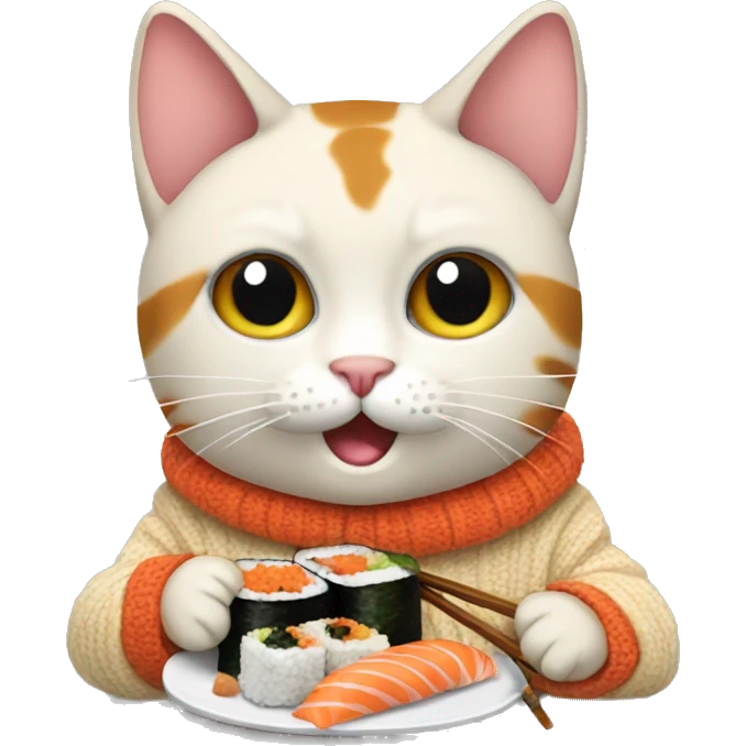 A cat wearing a sweater eating sushi  emoji