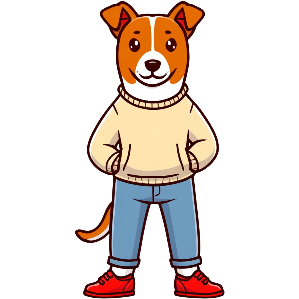 Brown dog standing upright with hands in jean pockets, wearing a white sweater and red shoes emoji