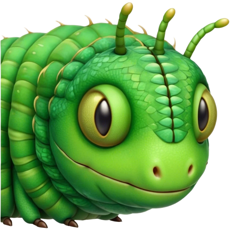 Cinematic Realistic Noble Caterpillar Portrait Emoji, Poised and serene, with a slender, segmented body covered in vivid, detailed green scales accented by subtle natural patterns, and a tiny, focused face with delicate, inquisitive eyes, rendered with lifelike texture and soft natural lighting, high shine, intelligent and delicate, styled with an air of woodland elegance, focused and attentive, soft glowing outline, capturing the essence of a watchful and confident looper caterpillar that appears ready to inch gracefully out of the screen with natural authority! emoji