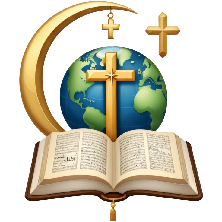 An icon featuring a Bible, The Quran, The Orthodox cross, a crescent moon, symbolizing the study of religions. The design includes diverse religious symbols and a globe, representing global beliefs and spiritual practices. Transparent background highlights the exploration of faiths and traditions. emoji