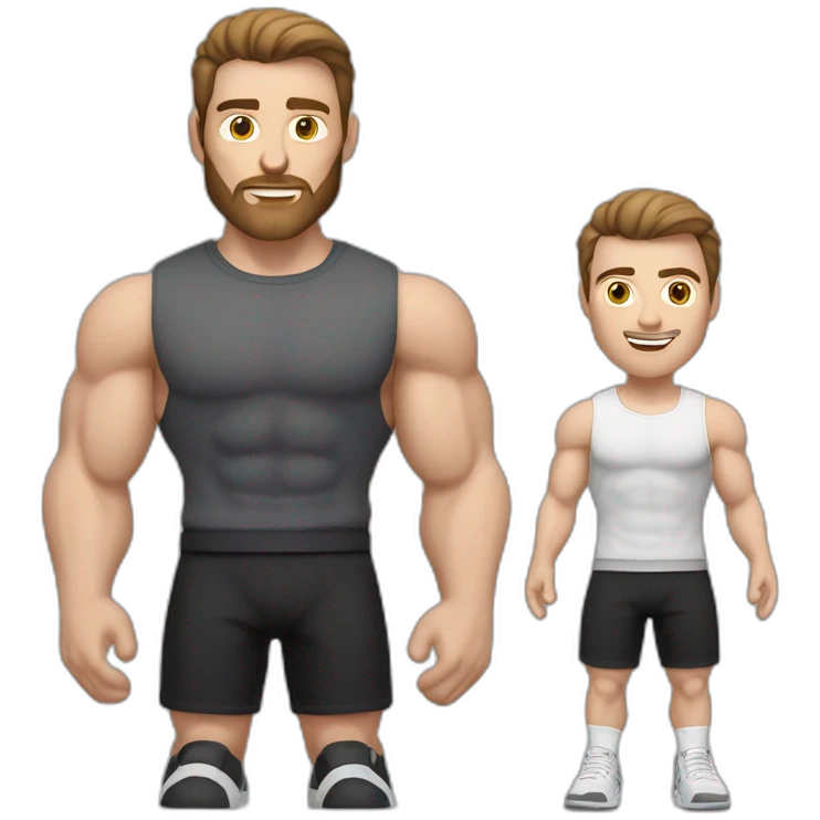 Close up Actively gesturing  with hands Pale skinned Fit Man With the biceps and brown hair in dark gray Sleeveless Mike, black oversize sports shorts, watch and white Sneakers emoji