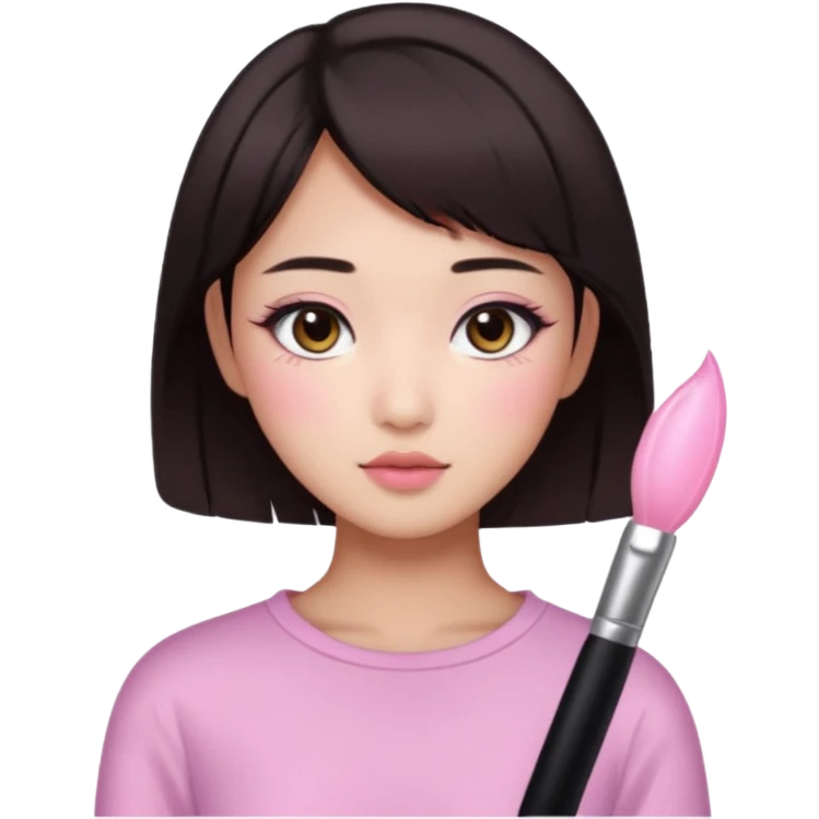 asian girl with short dark brown hair and dark brown eyes with a soft girl pink glowup aesthetic emoji