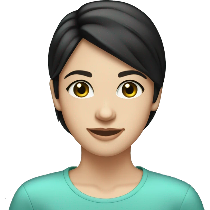 25 year-old caucasian girl white skin black bob hair blue-green eyes, thin face, smiling emoji