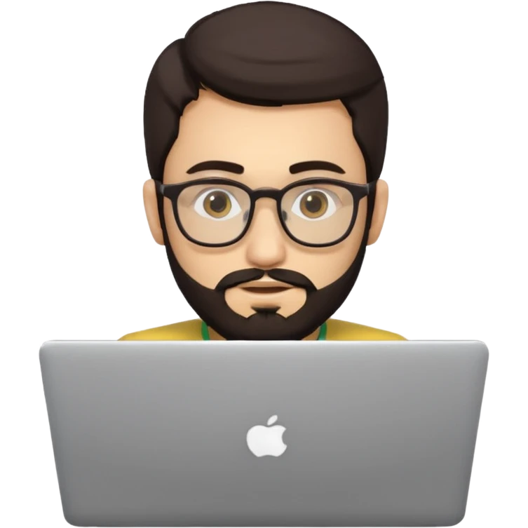 23 year old Azerbaijani man with very dark brown hair and beard with glasses and laptop , light yellow skin face emoji
