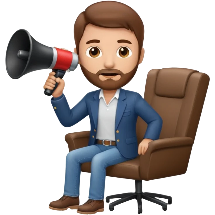 film director emoji with a modern megaphone and director's chair, brown hair and short beard, jeans and a undershirt with blazer top.  emoji